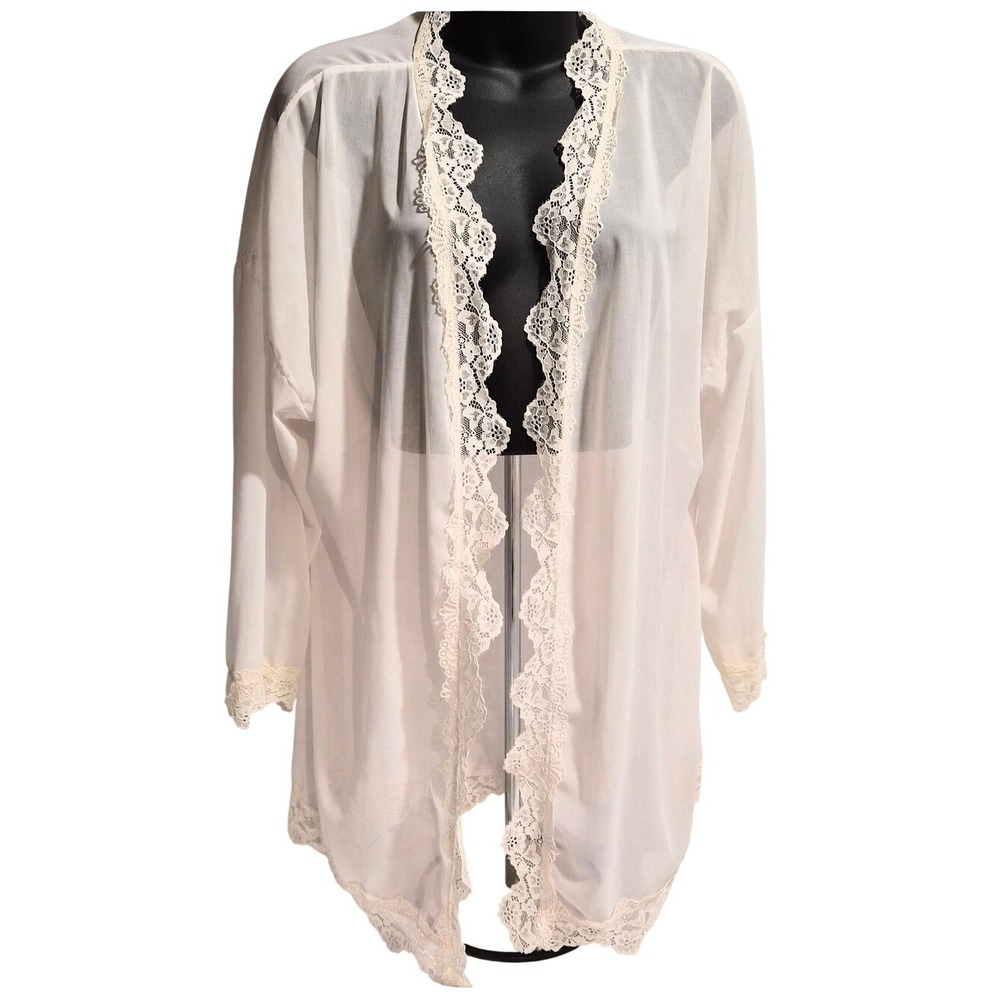 Vintage White Sheer Lace Trim Open Front Cardigan Robe XL